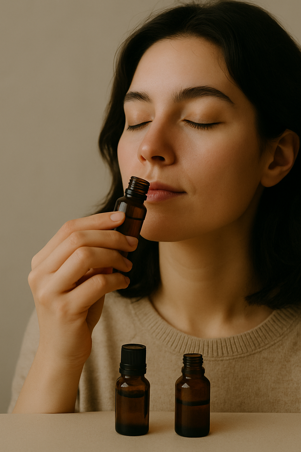Woman that smells essential oils to calm down 